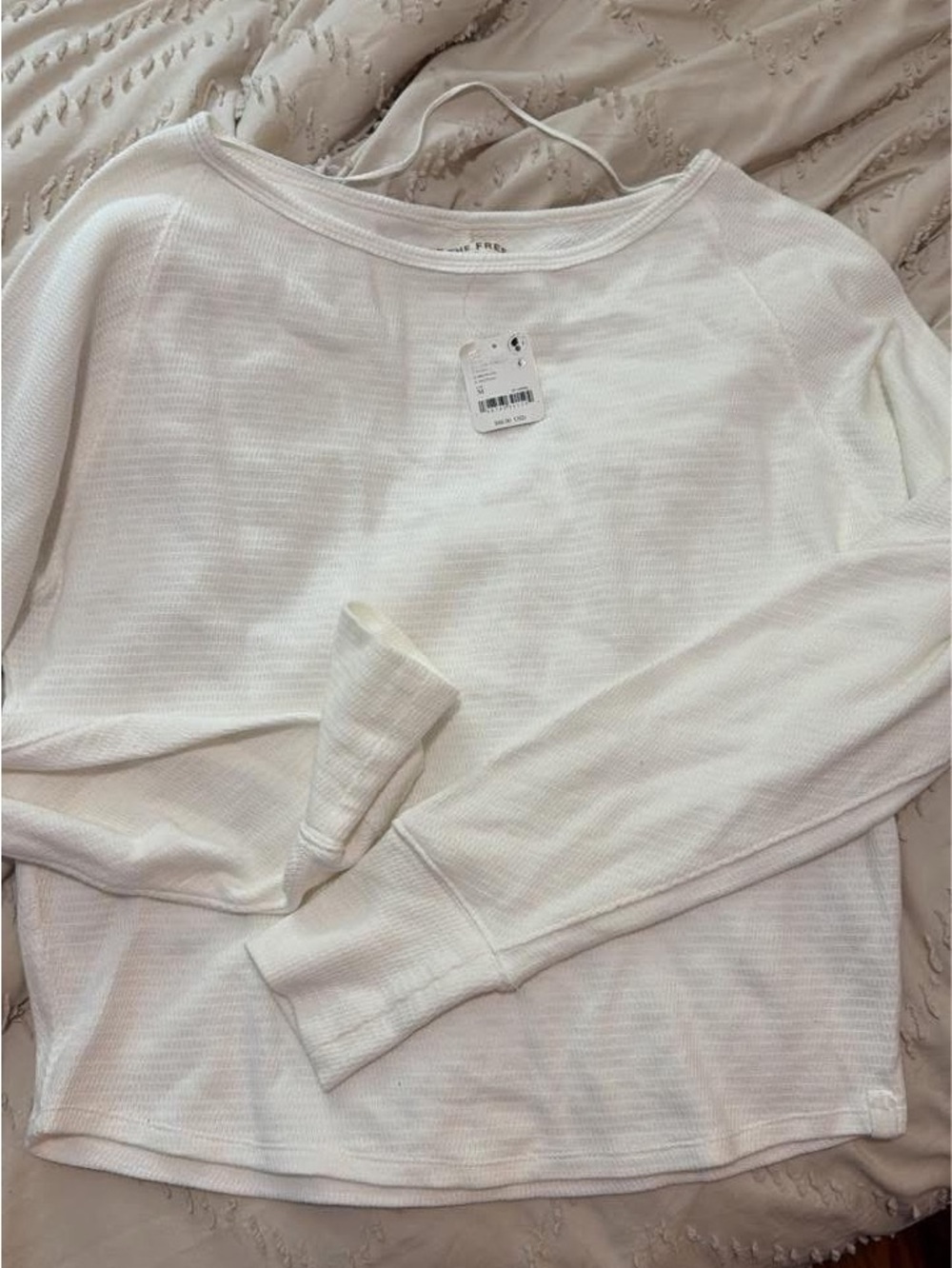 Free People White Waffle Long Sleeve Top